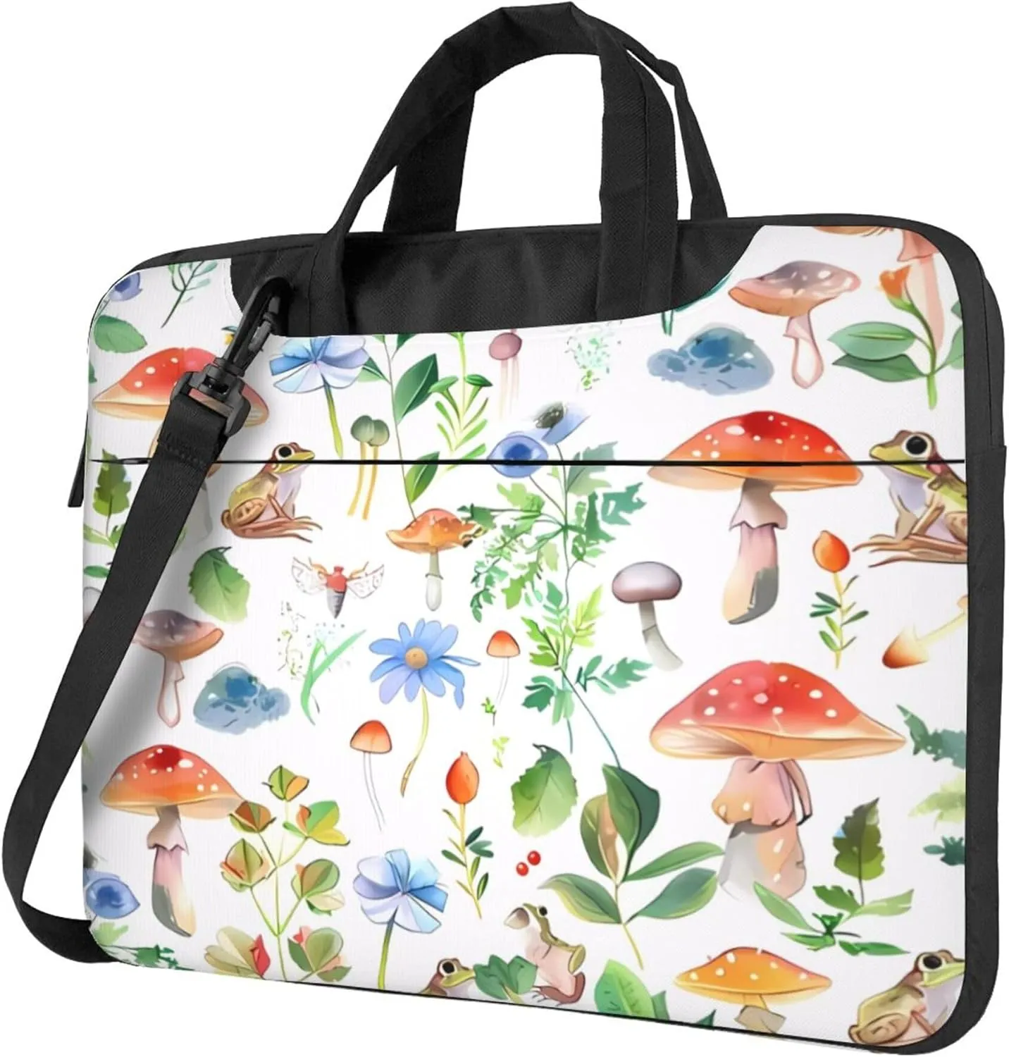 Watercolor Mushroom Laptop Shoulder Bag for Women, Frog Leaves Laptop Sleeve Case Durable Computer Bag