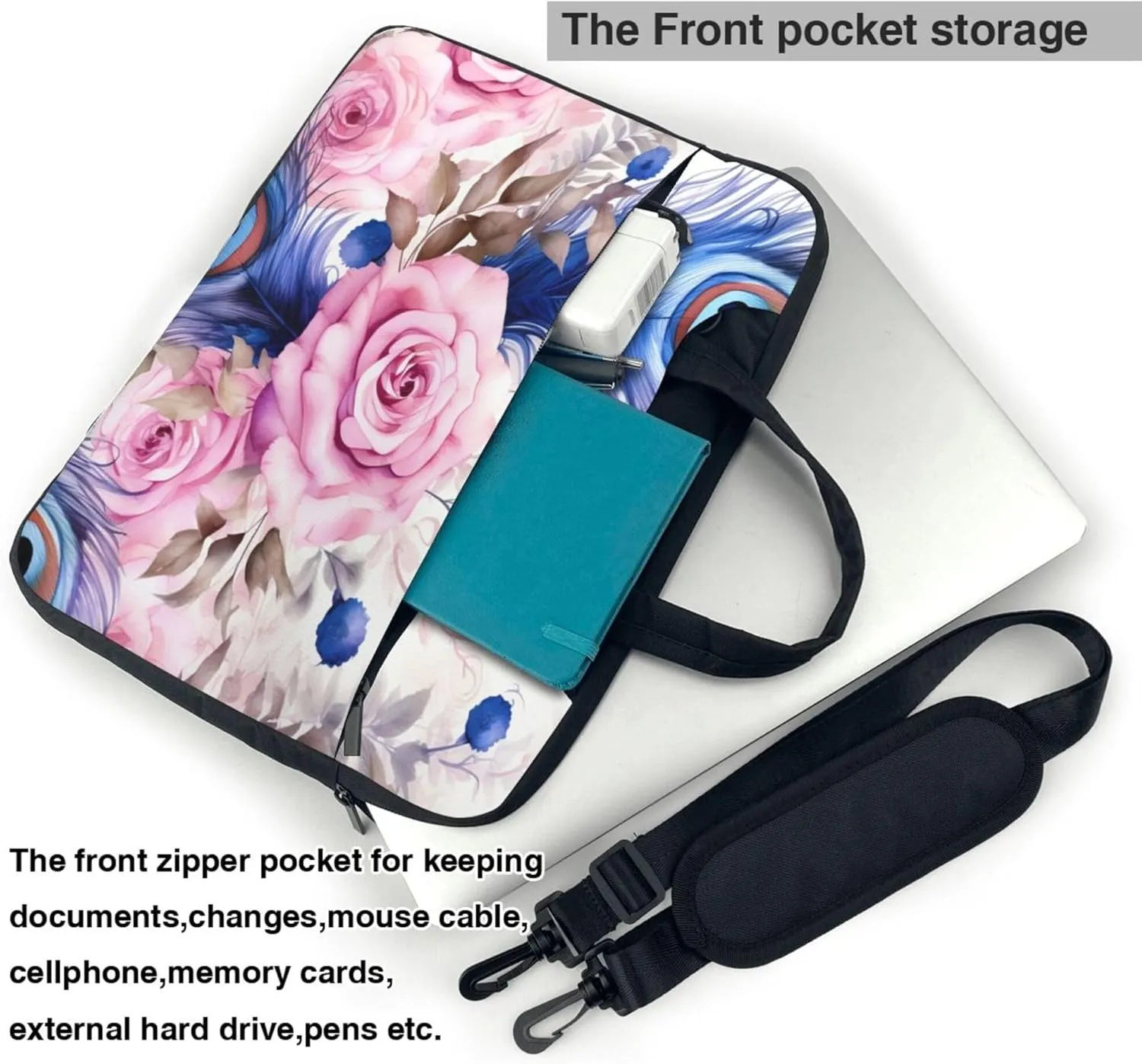Watercolor Rose Peacock Laptop Shoulder Bag for Women, Laptop Sleeve Case Durable Computer Bag