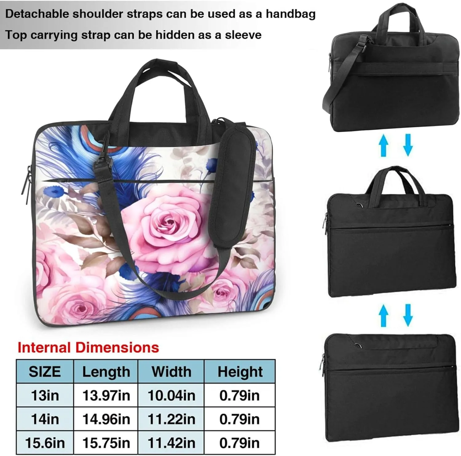 Watercolor Rose Peacock Laptop Shoulder Bag for Women, Laptop Sleeve Case Durable Computer Bag