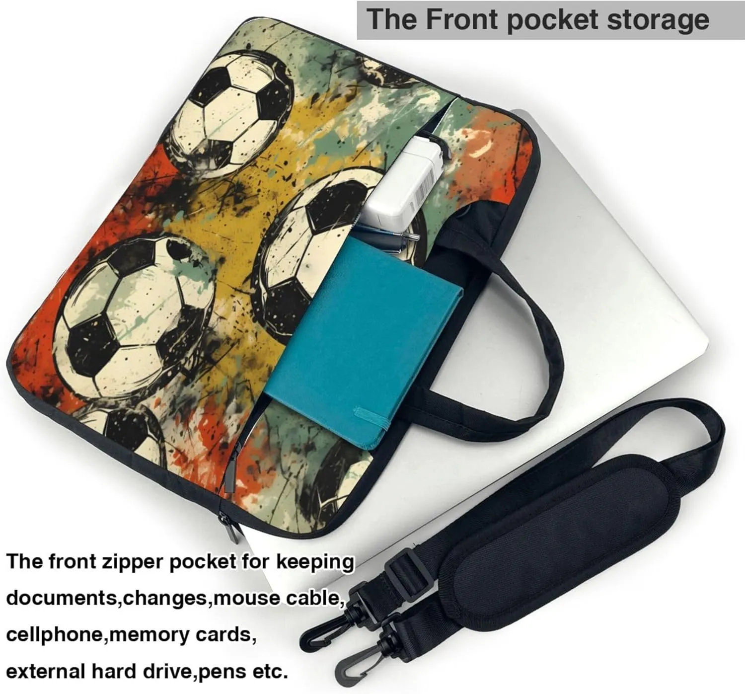 Watercolor Soccer Laptop Shoulder Bag for Women, Retro Sport Football Laptop Sleeve Case Durable Computer Bag