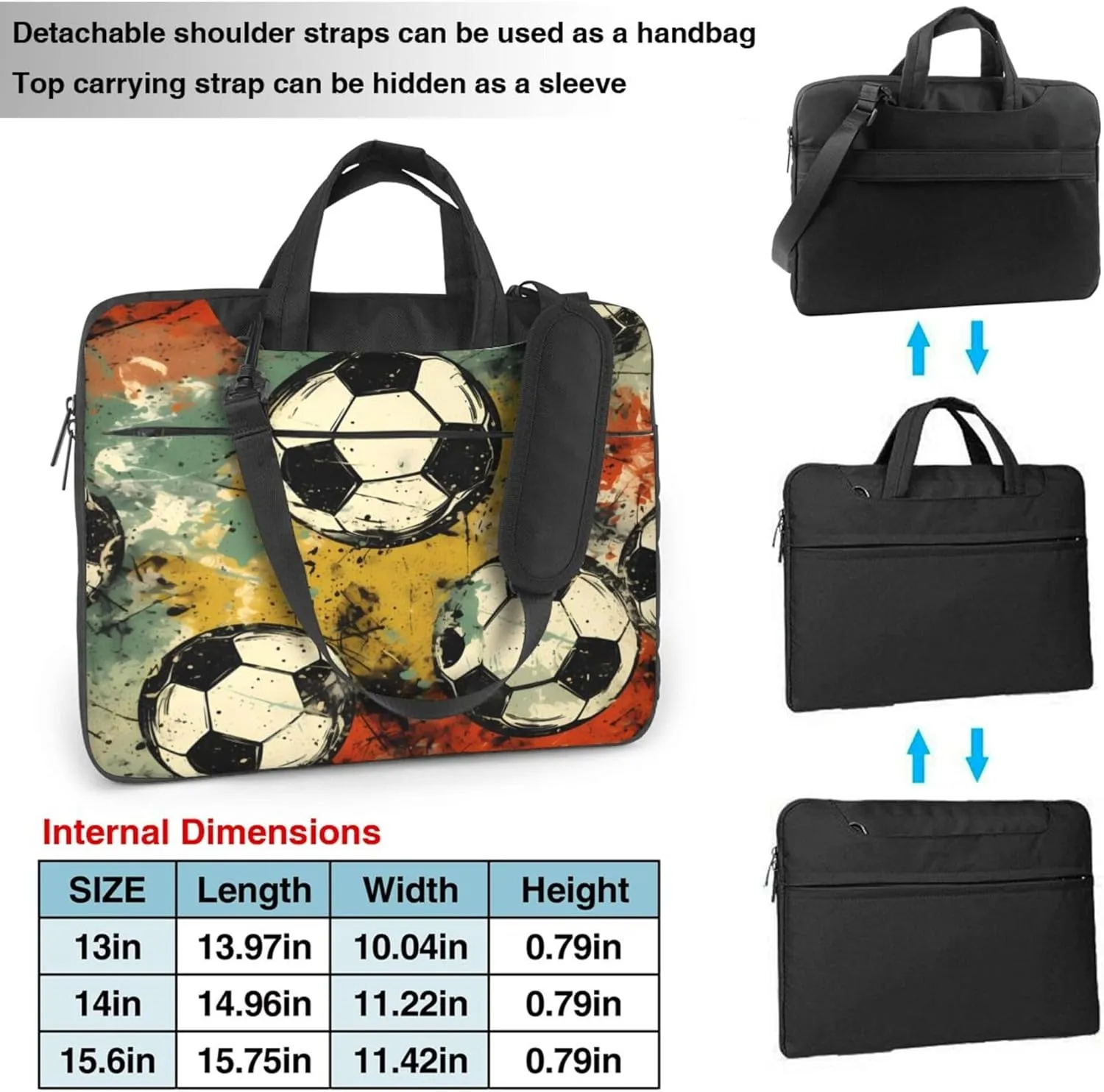 Watercolor Soccer Laptop Shoulder Bag for Women, Retro Sport Football Laptop Sleeve Case Durable Computer Bag