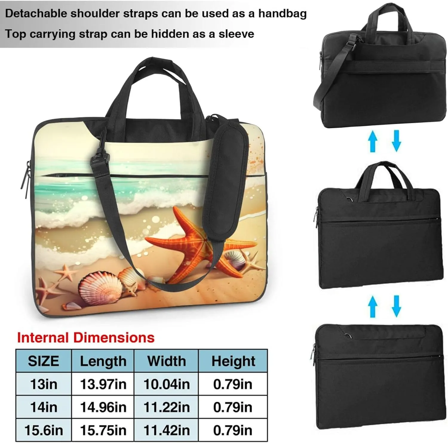Watercolor Starfish Seashell Beach Laptop Shoulder Bag for Women, Laptop Sleeve Case Durable Computer Bag
