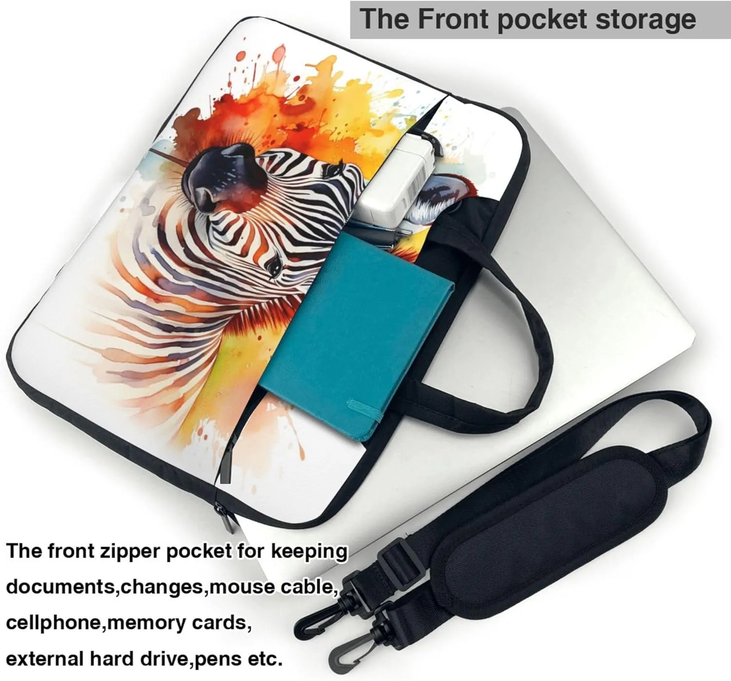 Watercolor Zebra Laptop Shoulder Bag for Women, Animal Horse Laptop Sleeve Case Durable Computer Bag