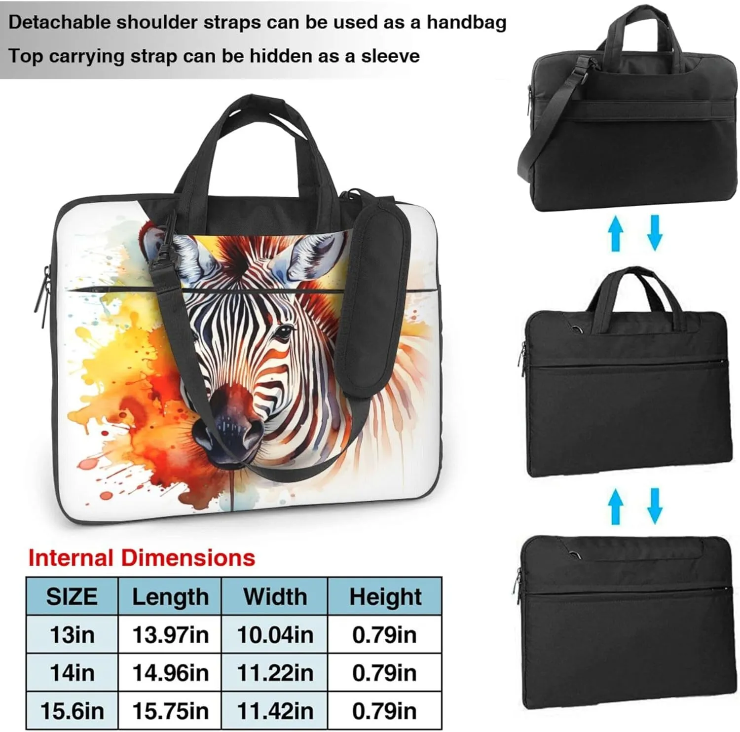 Watercolor Zebra Laptop Shoulder Bag for Women, Animal Horse Laptop Sleeve Case Durable Computer Bag