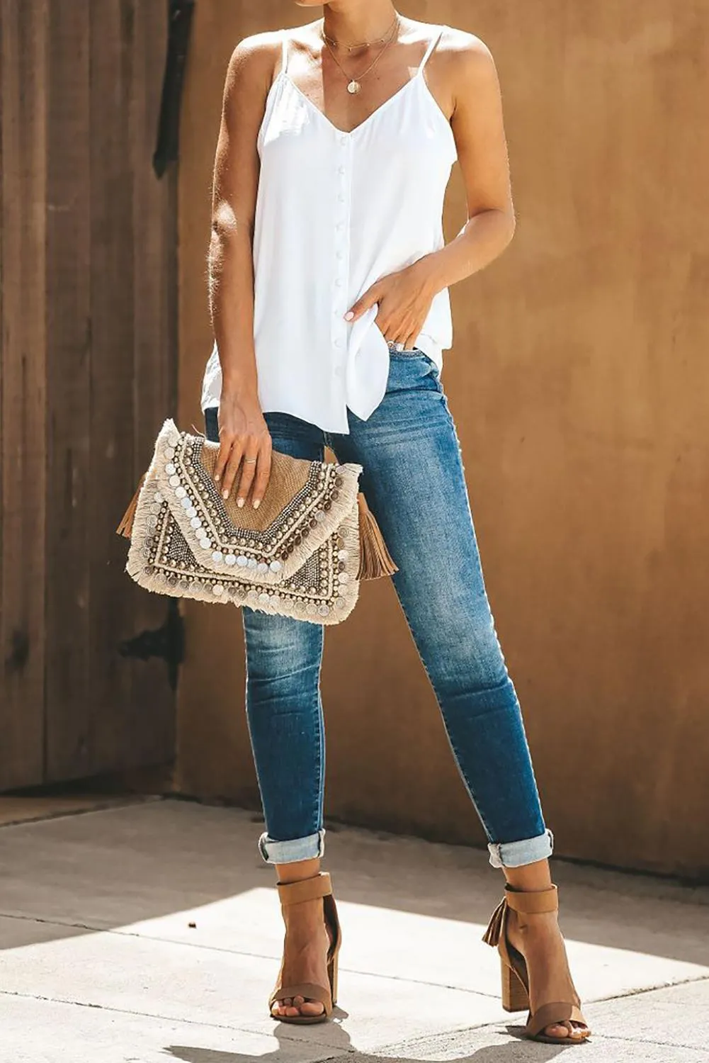 White Button Down Sleeveless Tank Top