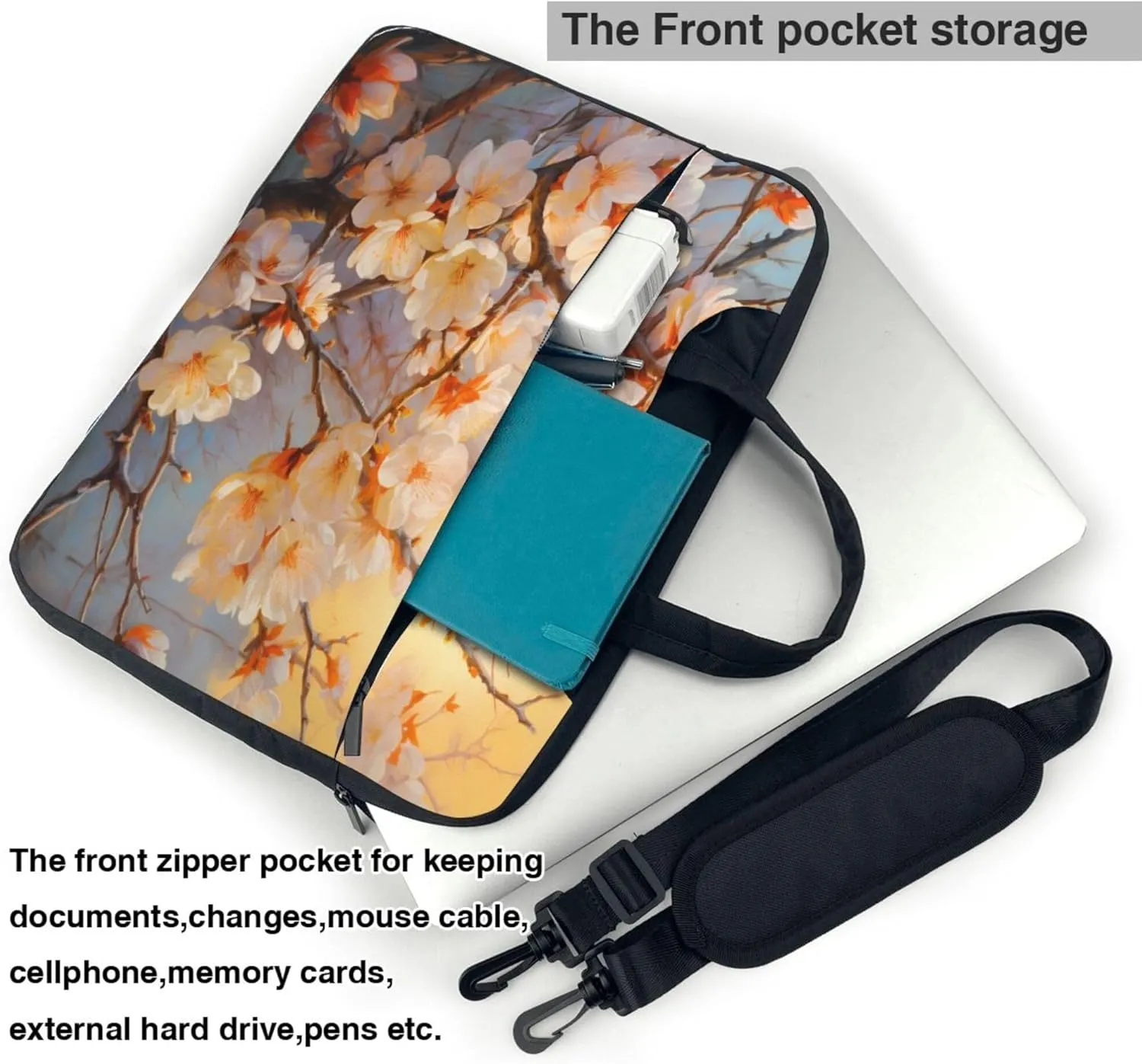 White Flower Laptop Shoulder Bag for Women, Beautiful Spring Floral Laptop Sleeve Case Durable Computer Bag