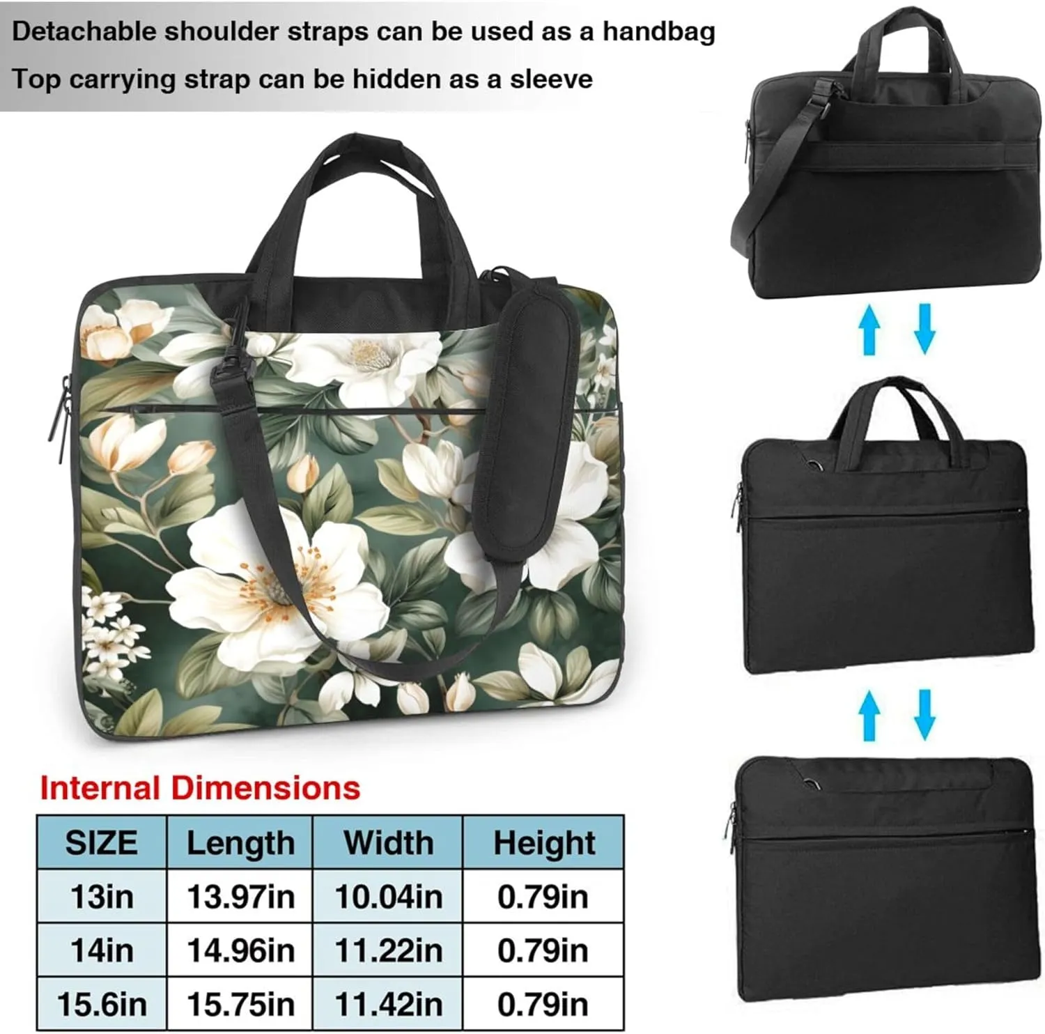 White Flower Leaves Painted Laptop Shoulder Bag for Women, Laptop Sleeve Case Durable Computer Bag