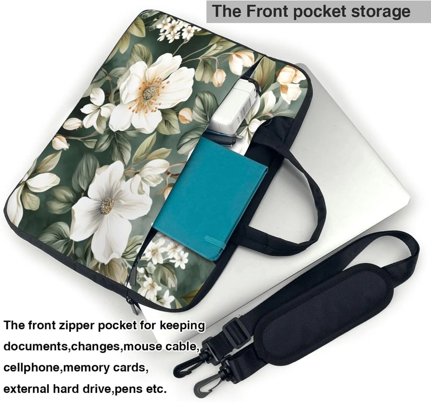 White Flower Leaves Painted Laptop Shoulder Bag for Women, Laptop Sleeve Case Durable Computer Bag