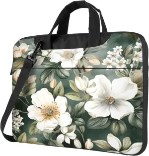 White Flower Leaves Painted Laptop Shoulder Bag for Women, Laptop Sleeve Case Durable Computer Bag