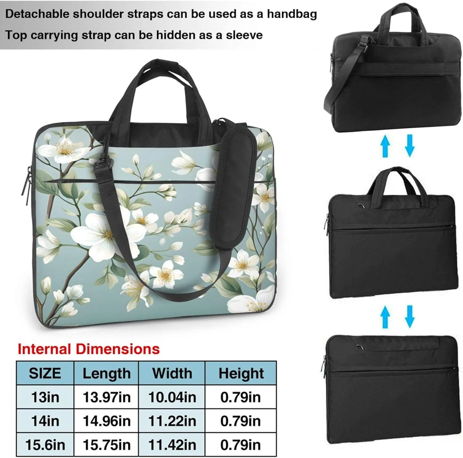 White Flowers Spring Floral Laptop Shoulder Bag for Women, Laptop Sleeve Case Durable Computer Bag
