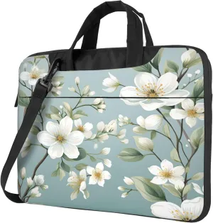 White Flowers Spring Floral Laptop Shoulder Bag for Women, Laptop Sleeve Case Durable Computer Bag