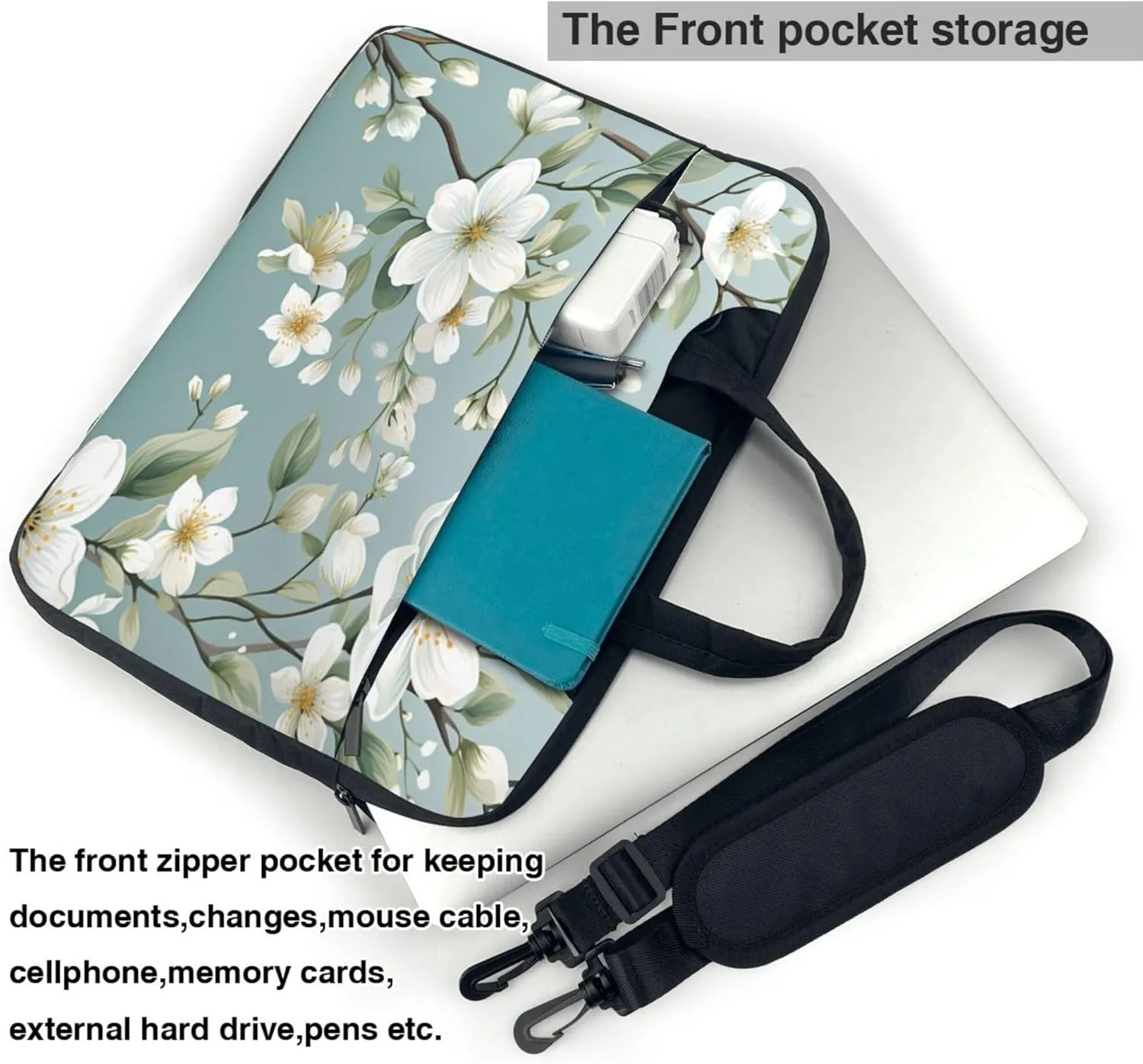 White Flowers Spring Floral Laptop Shoulder Bag for Women, Laptop Sleeve Case Durable Computer Bag