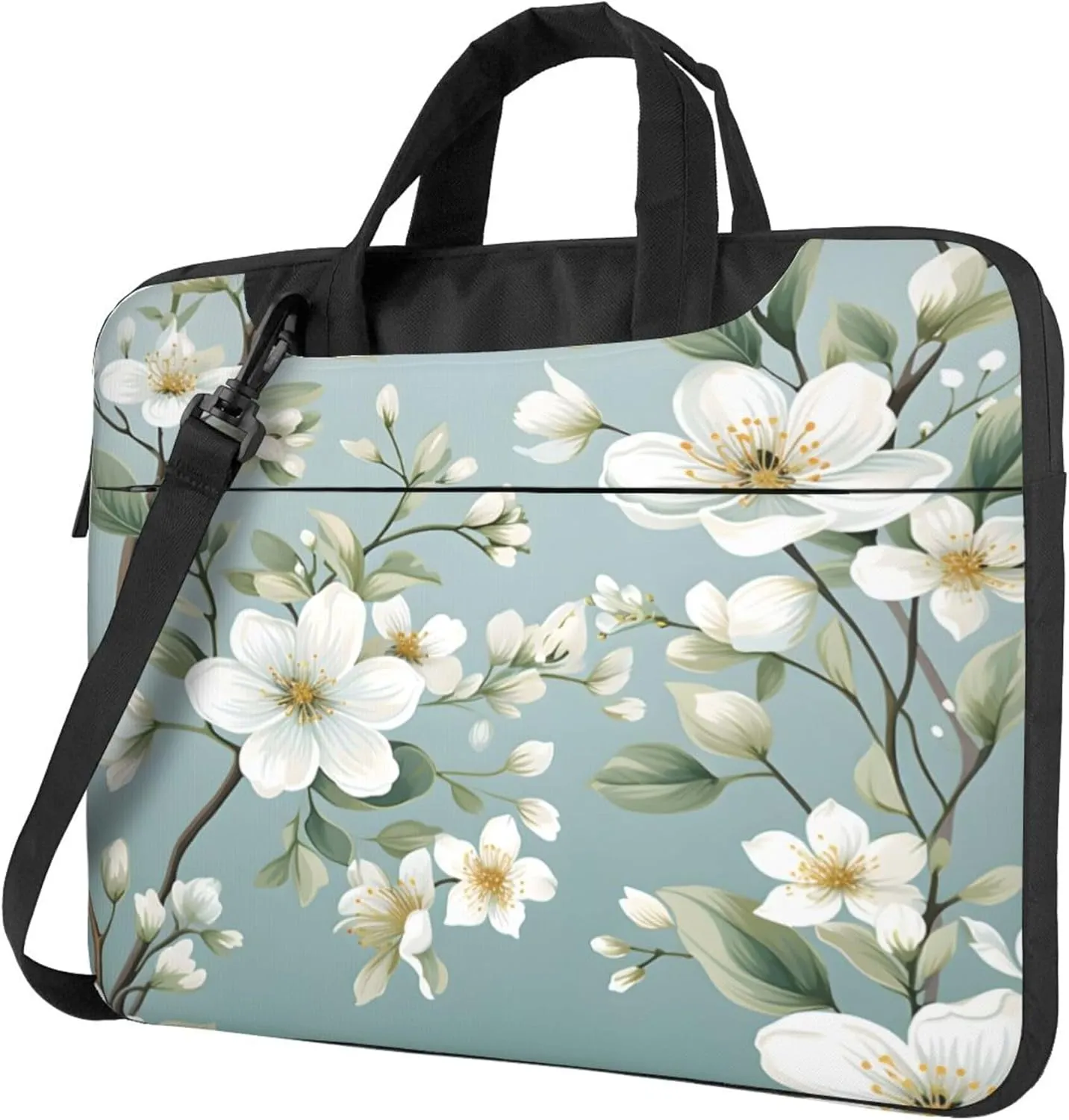 White Flowers Spring Floral Laptop Shoulder Bag for Women, Laptop Sleeve Case Durable Computer Bag