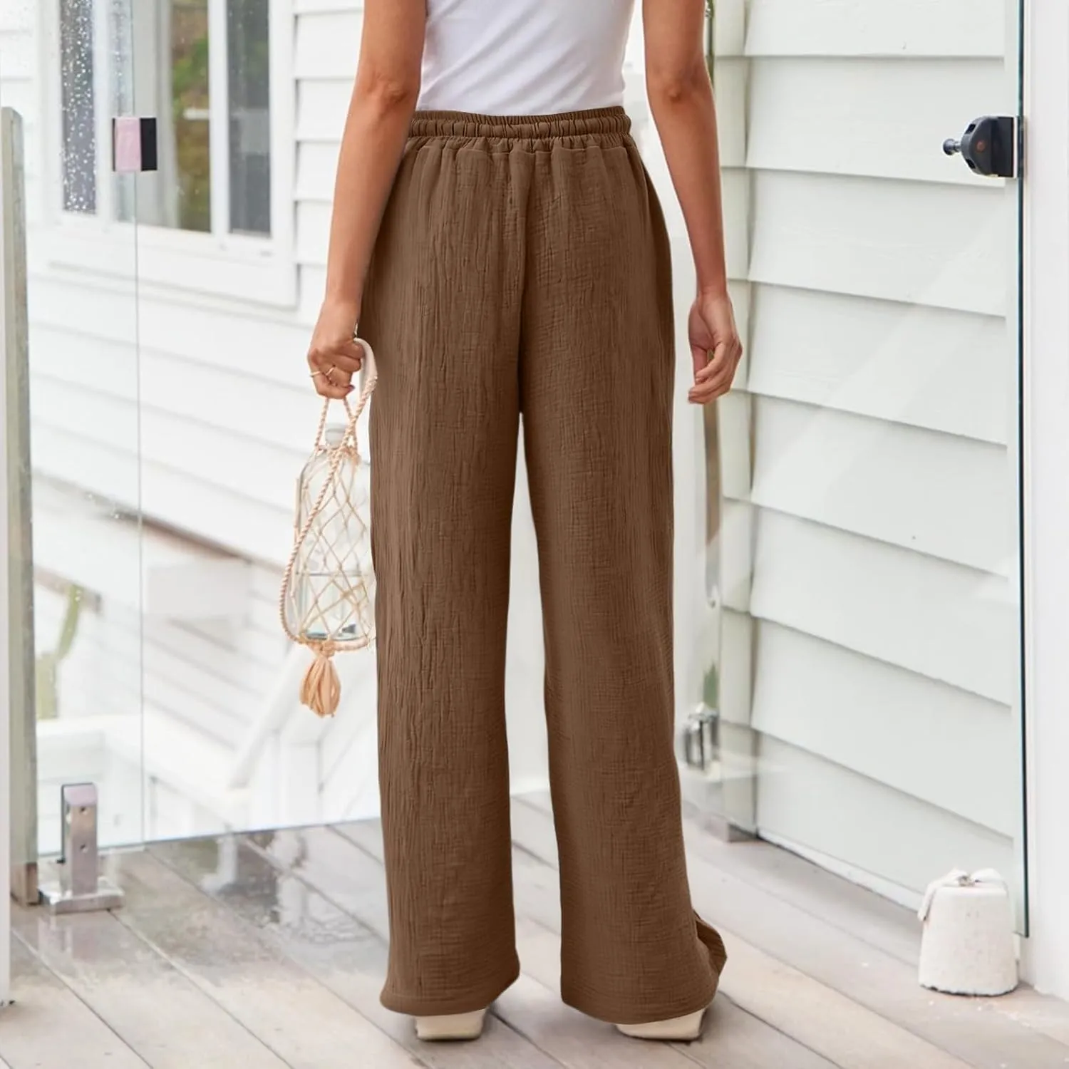 Wide Leg Cotton Linen Pants Women Casual Elastic Waist Loose Flowy Palazzo Pants Comfy Summer Beach Pant with Pockets