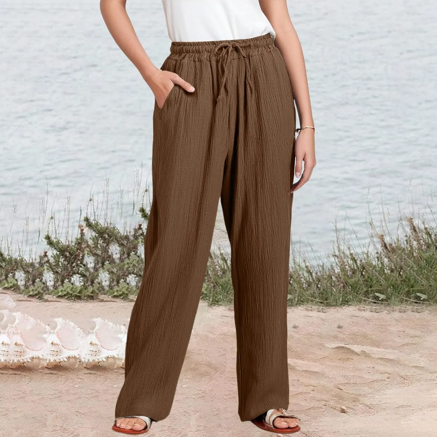 Wide Leg Cotton Linen Pants Women Casual Elastic Waist Loose Flowy Palazzo Pants Comfy Summer Beach Pant with Pockets