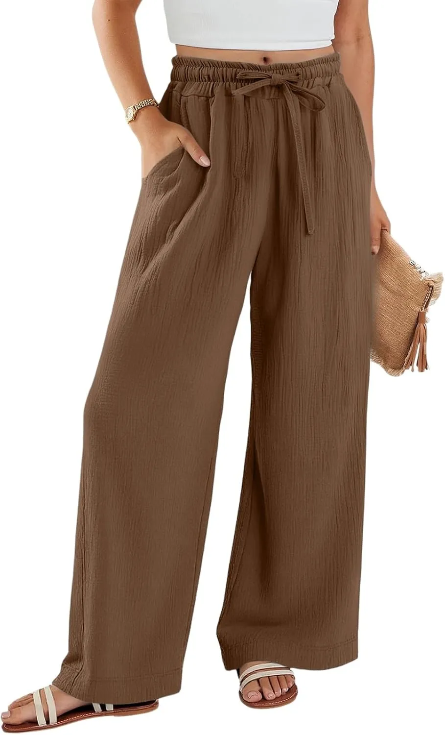 Wide Leg Cotton Linen Pants Women Casual Elastic Waist Loose Flowy Palazzo Pants Comfy Summer Beach Pant with Pockets