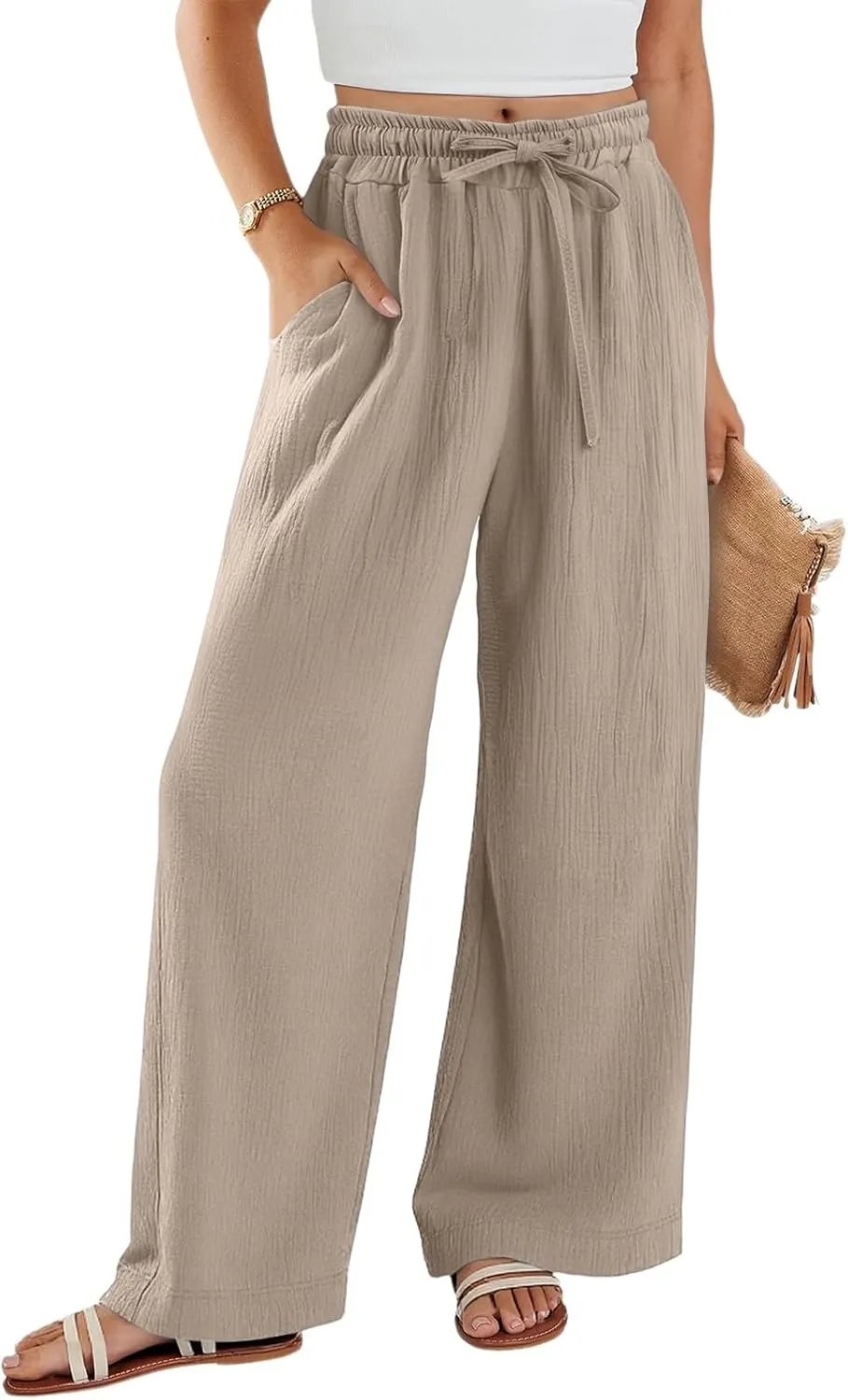 Wide Leg Cotton Linen Pants Women Casual Elastic Waist Loose Flowy Palazzo Pants Comfy Summer Beach Pant with Pockets
