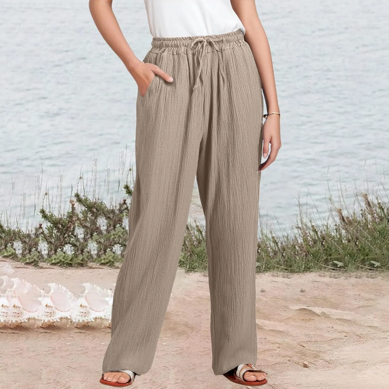 Wide Leg Cotton Linen Pants Women Casual Elastic Waist Loose Flowy Palazzo Pants Comfy Summer Beach Pant with Pockets