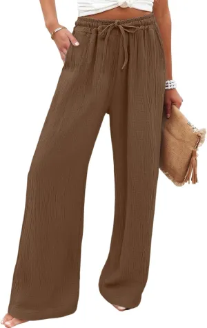 Wide Leg Cotton Linen Pants Women Casual Elastic Waist Loose Flowy Palazzo Pants Comfy Summer Beach Pant with Pockets