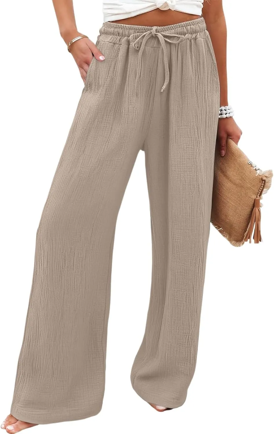 Wide Leg Cotton Linen Pants Women Casual Elastic Waist Loose Flowy Palazzo Pants Comfy Summer Beach Pant with Pockets