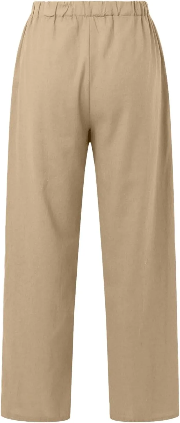 Wide Leg Cotton Linen Pants Women Casual Summer Elastic Waist Beach Pants Loose Fit Flowy Lounge Trousers with Pockets