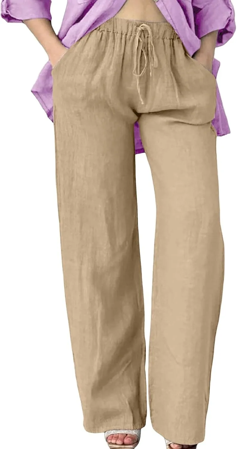 Wide Leg Cotton Linen Pants Women Casual Summer Elastic Waist Beach Pants Loose Fit Flowy Lounge Trousers with Pockets