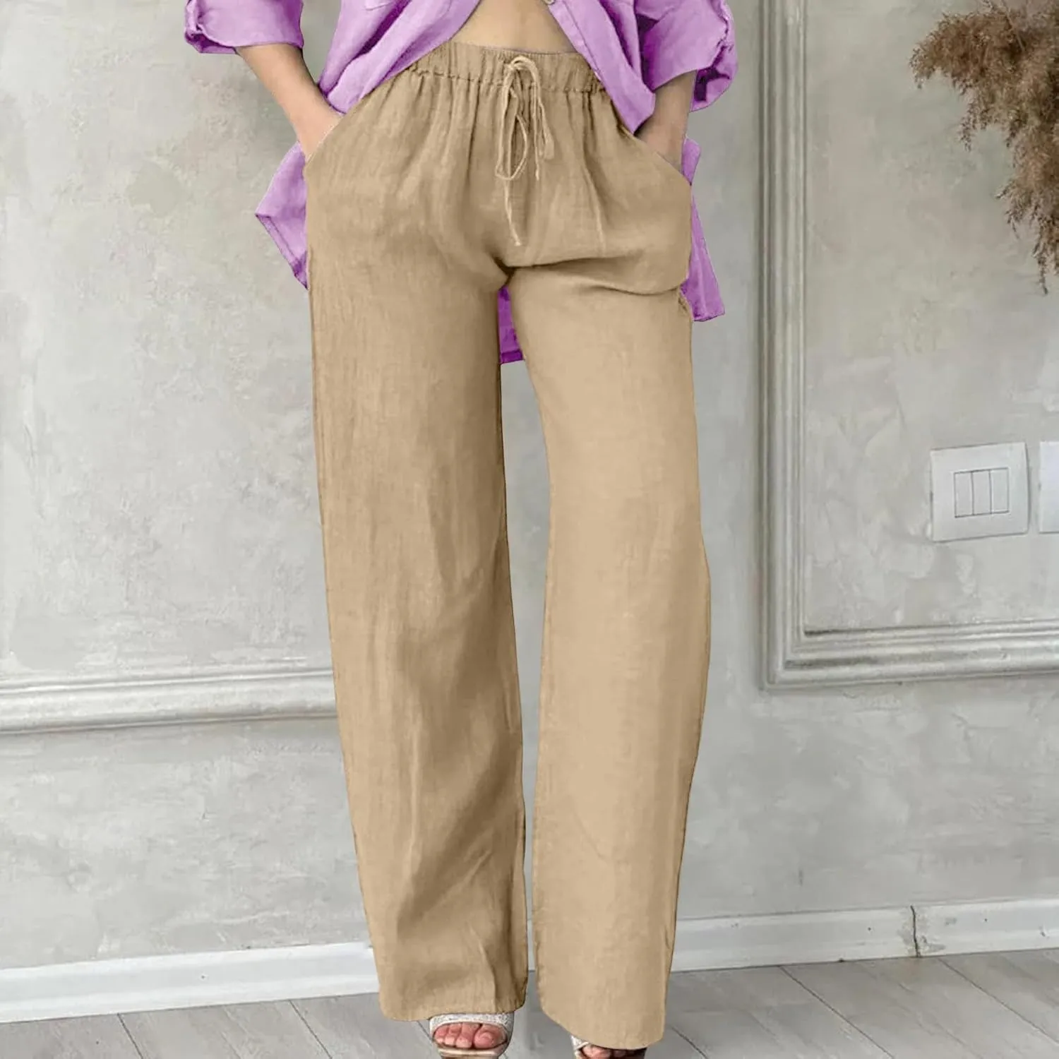 Wide Leg Cotton Linen Pants Women Casual Summer Elastic Waist Beach Pants Loose Fit Flowy Lounge Trousers with Pockets