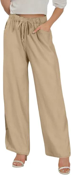 Wide Leg Cotton Linen Pants Women Casual Summer Elastic Waist Beach Pants Loose Fit Flowy Lounge Trousers with Pockets