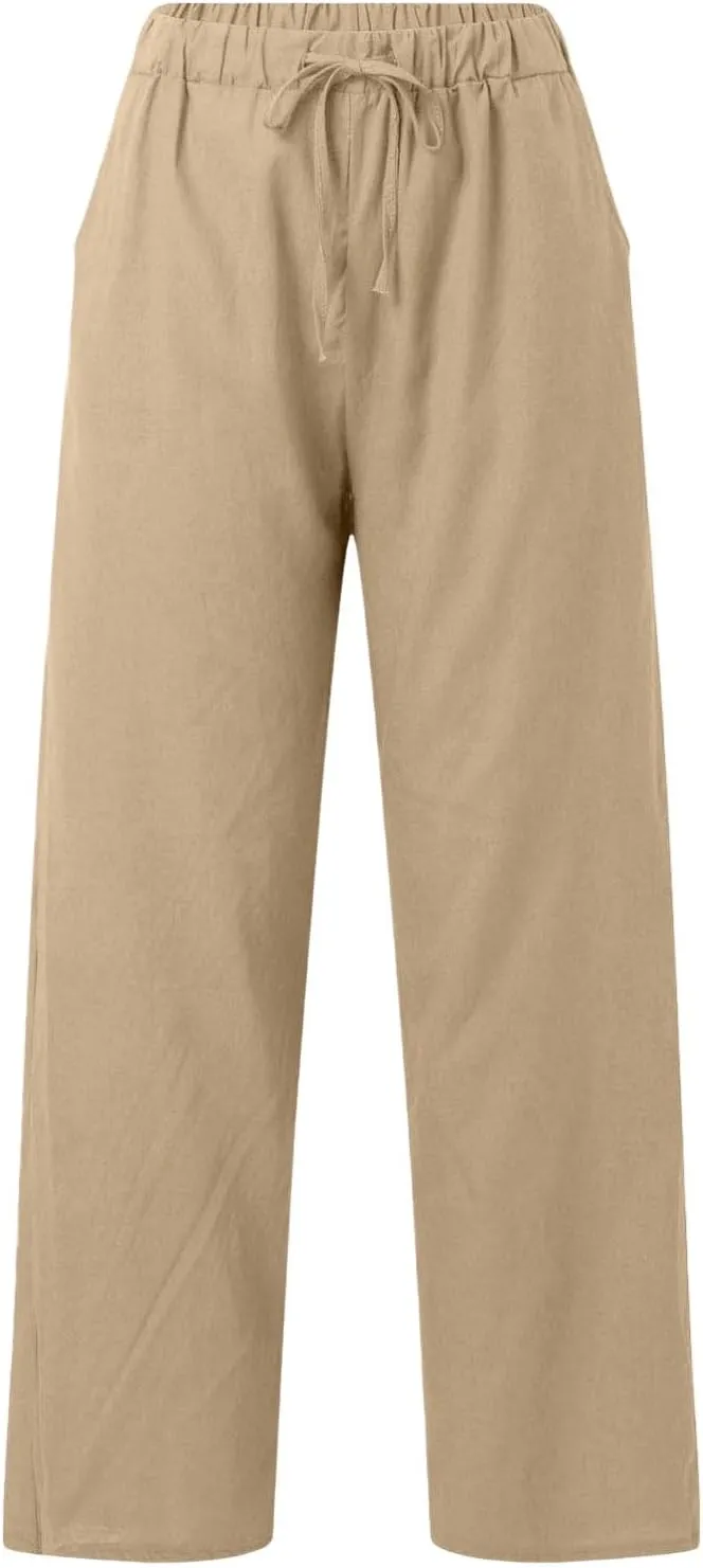Wide Leg Cotton Linen Pants Women Casual Summer Elastic Waist Beach Pants Loose Fit Flowy Lounge Trousers with Pockets