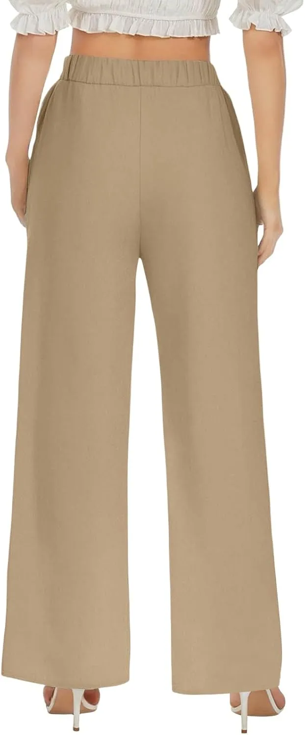 Wide Leg Cotton Linen Pants Women Casual Summer Elastic Waist Beach Pants Loose Fit Flowy Lounge Trousers with Pockets