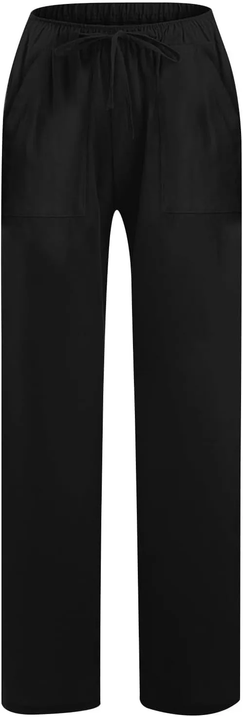 Wide Leg Linen Pants for Women Casual Summer Elastic Waist Loose Palazzo Trousers Flowy Beach Lounge Pants with Pocket