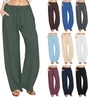 Wide Leg Linen Pants for Women Casual Summer Elastic Waist Loose Palazzo Trousers Flowy Beach Lounge Pants with Pocket
