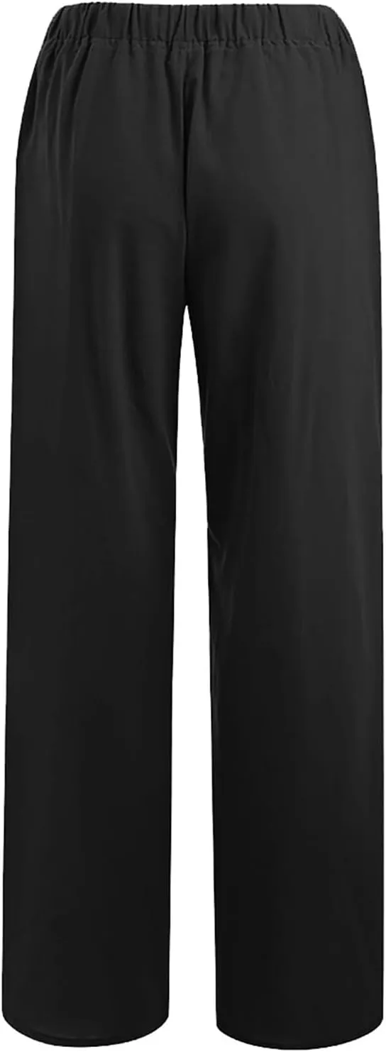 Wide Leg Linen Pants for Women Casual Summer Elastic Waist Loose Palazzo Trousers Flowy Beach Lounge Pants with Pocket