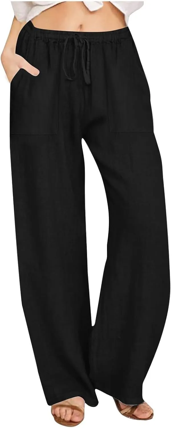Wide Leg Linen Pants for Women Casual Summer Elastic Waist Loose Palazzo Trousers Flowy Beach Lounge Pants with Pocket