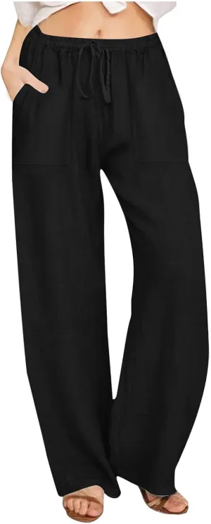 Wide Leg Linen Pants Women Casual Summer Elastic Waist Loose Palazzo Trousers Flowy Beach Lounge Pants with Pockets