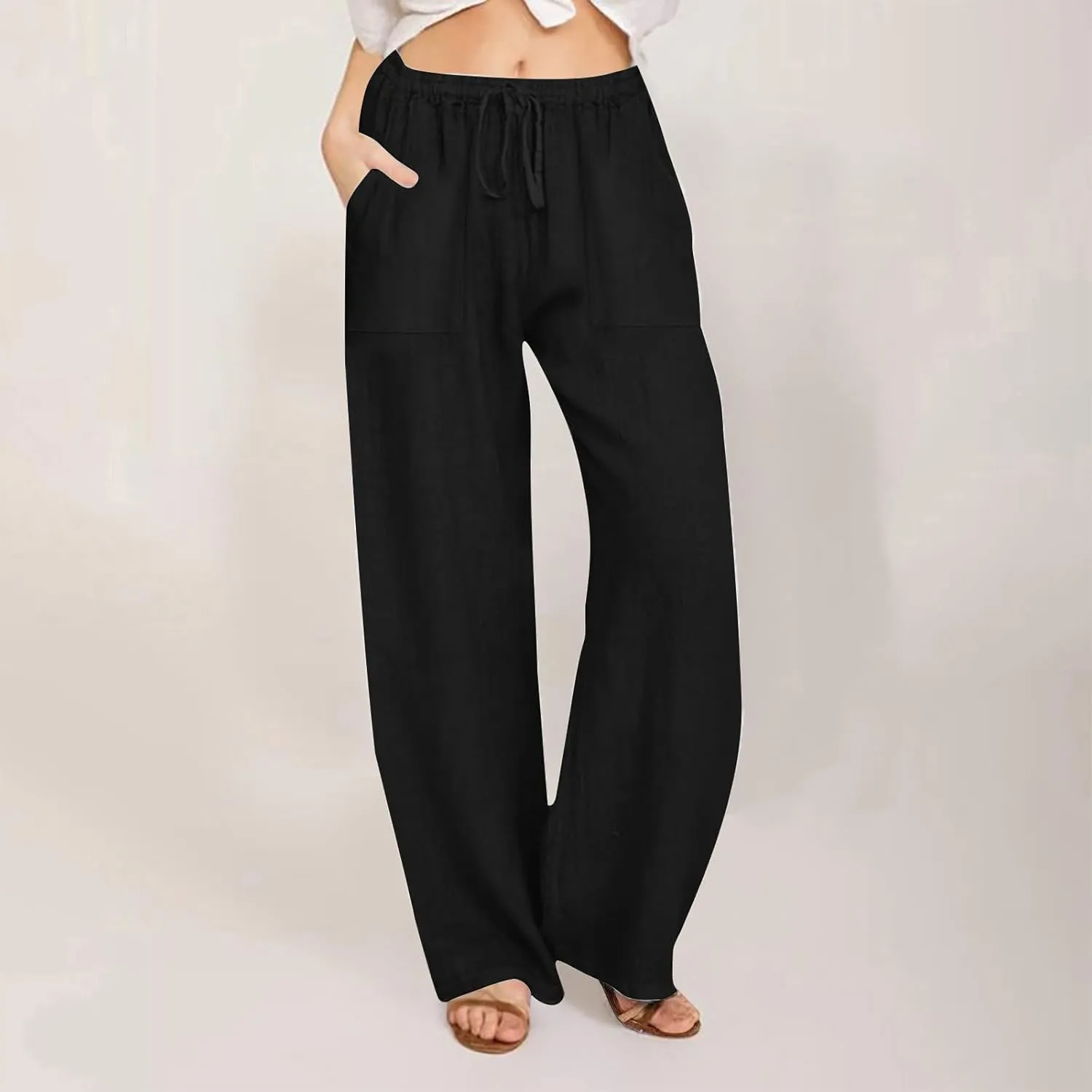 Wide Leg Linen Pants Women Casual Summer Elastic Waist Loose Palazzo Trousers Flowy Beach Lounge Pants with Pockets