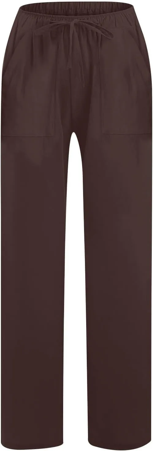 Wide Leg Linen Pants Women Casual Summer Elastic Waist Loose Palazzo Trousers Flowy Beach Lounge Pants with Pockets
