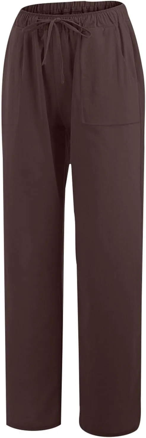 Wide Leg Linen Pants Women Casual Summer Elastic Waist Loose Palazzo Trousers Flowy Beach Lounge Pants with Pockets