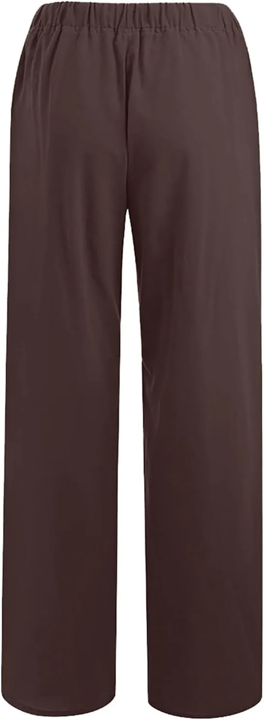 Wide Leg Linen Pants Women Casual Summer Elastic Waist Loose Palazzo Trousers Flowy Beach Lounge Pants with Pockets