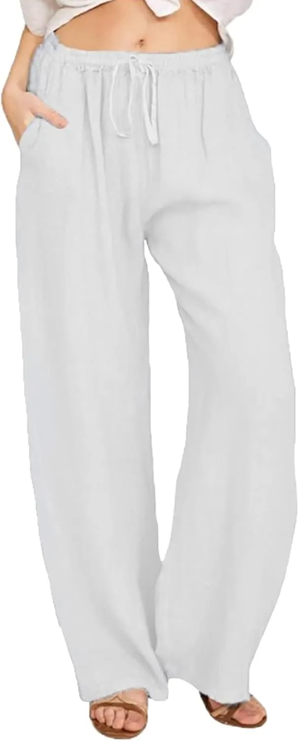 Wide Leg Linen Pants Women Summer Casual Linen Wide Leg Pants with Pockets Drawstring Beach Palazzo Pants Lounge Trousers, Medium, #C4-white