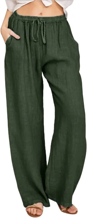 Wide Leg Linen Pants Women Summer Casual Linen Wide Leg Pants with Pockets Drawstring Beach Palazzo Pants Lounge Trousers, Small, #C5-green