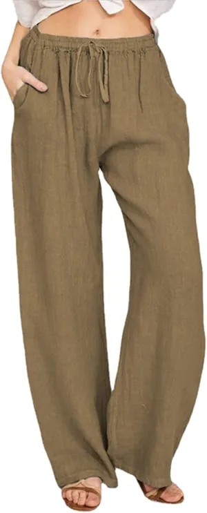Wide Leg Linen Pants Women Summer Casual Linen Wide Leg Pants with Pockets Drawstring Beach Palazzo Pants Lounge Trousers, Small, #C6-brown