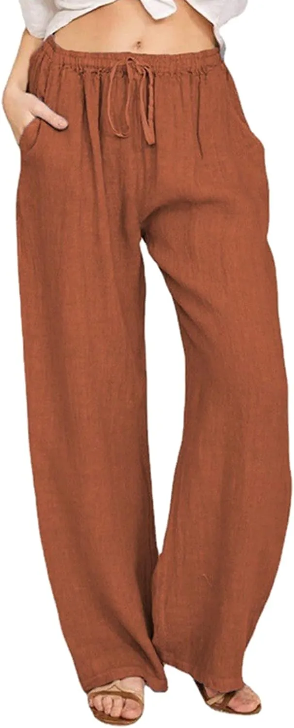 Wide Leg Linen Pants Women Summer Casual Linen Wide Leg Pants with Pockets Drawstring Beach Palazzo Pants Lounge Trousers, Small, #C8-orange