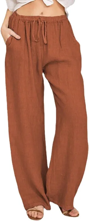 Wide Leg Linen Pants Women Summer Casual Linen Wide Leg Pants with Pockets Drawstring Beach Palazzo Pants Lounge Trousers, Small, #C8-orange