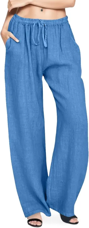 Wide Leg Linen Pants Women Summer Casual Linen Wide Leg Pants with Pockets Drawstring Beach Palazzo Pants Lounge Trousers, X-Large, #C2-blue