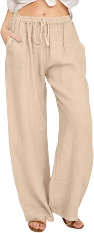 Wide Leg Linen Pants Women Summer Casual Linen Wide Leg Pants with Pockets Drawstring Beach Palazzo Pants Lounge Trousers, X-Large, #C7-khaki
