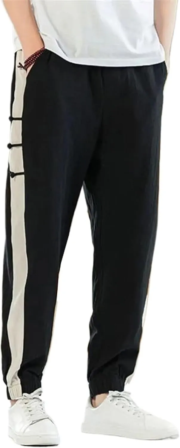 WOLONG Summer Men Cotton Linen Harem Pants Patchwork Joggers Casual Long Trousers Loose Sweatpants