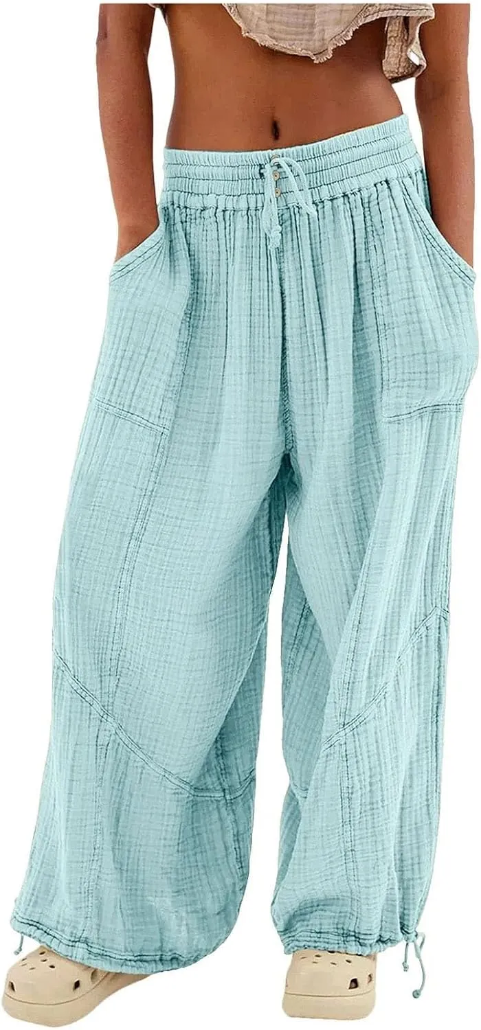 Women Beach Pants Linen Wide Leg Harem High Waist Button Drawstring Looseo Palazz Pants with Pocket
