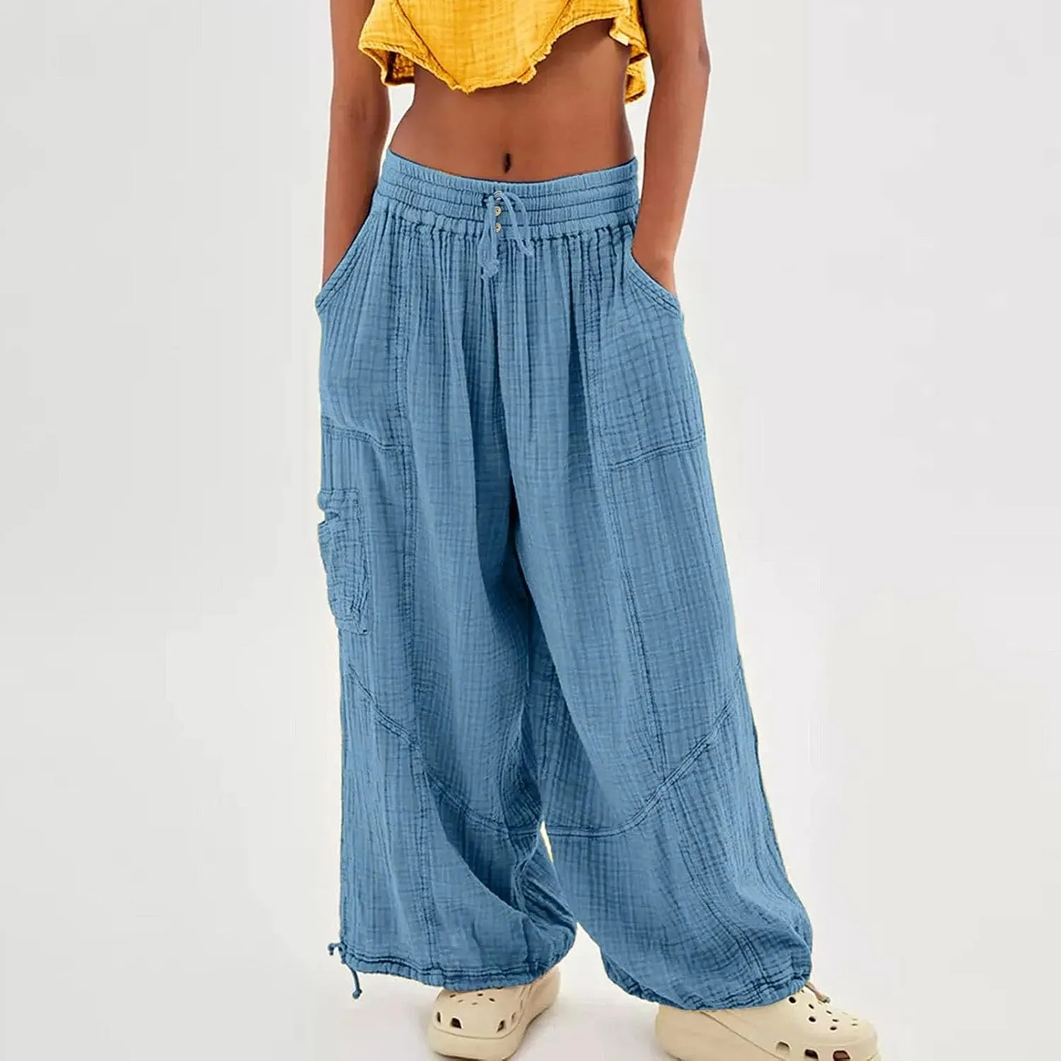 Women Beach Pants Linen Wide Leg Harem High Waist Button Drawstring Looseo Palazz Pants with Pocket