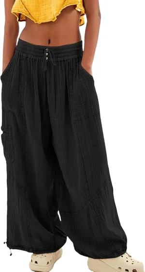 Women Beach Pants Linen Wide Leg Harem High Waist Button Drawstring Looseo Palazz Pants with Pocket
